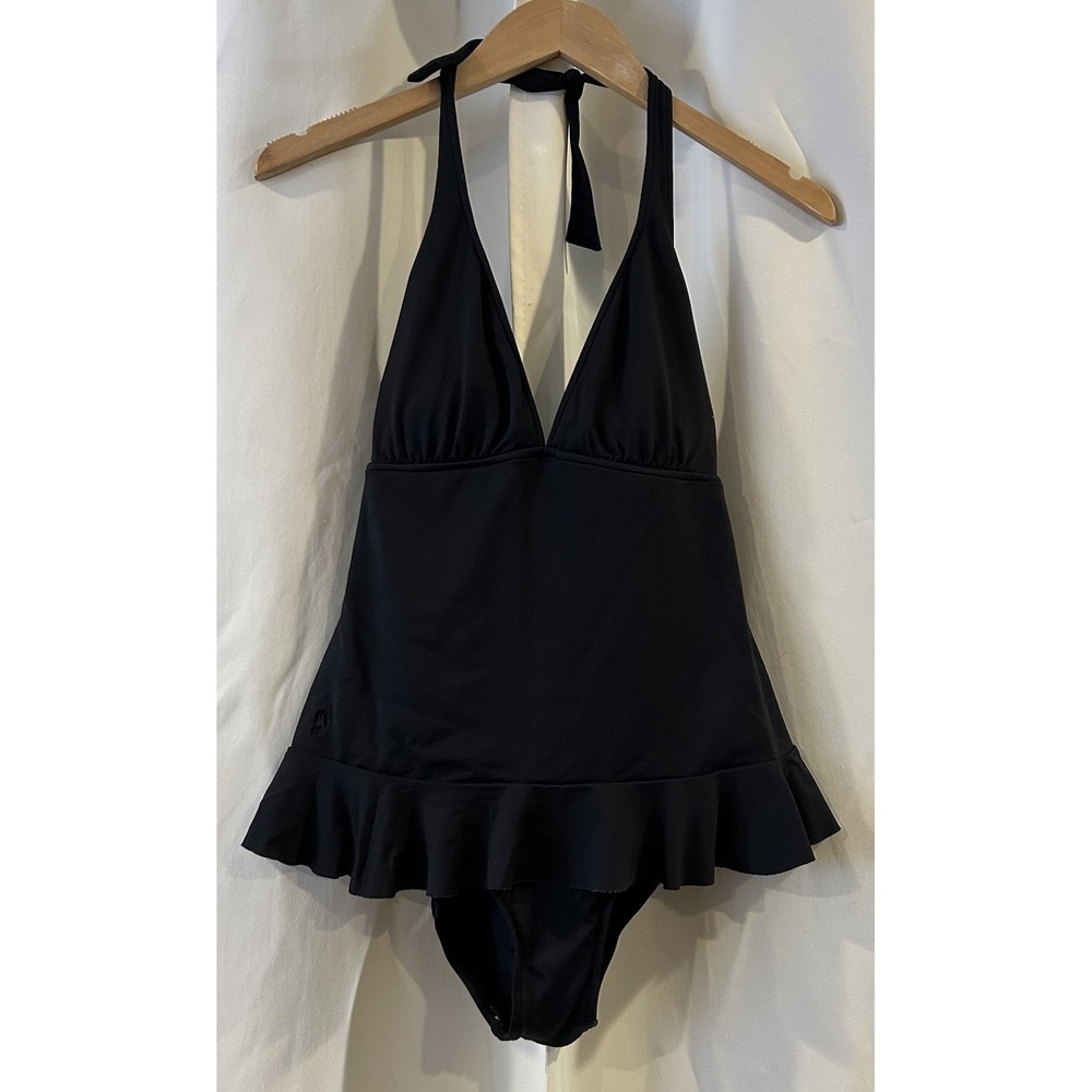 Lauren Ralph Lauren Women's Halter Top Ruffled One Piece Swimsuit Size L Black
